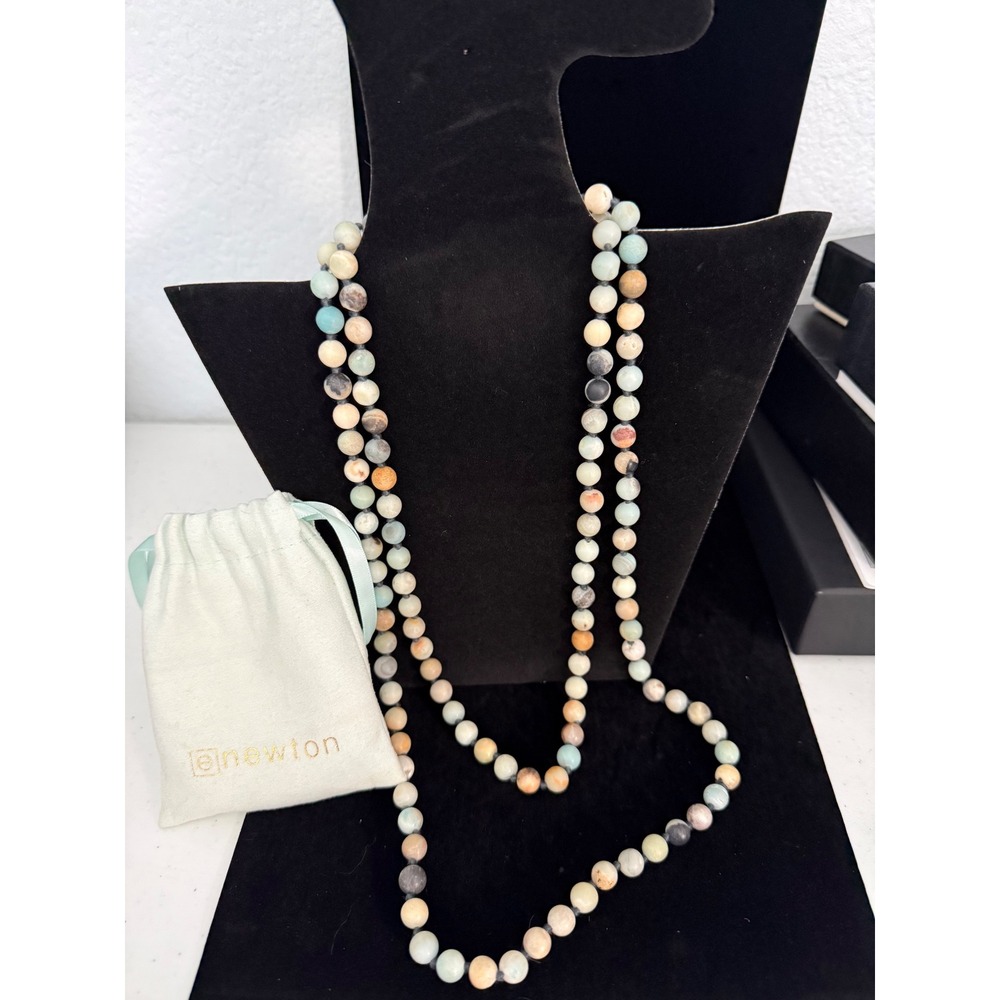 Laine Newton Long Hand Knotted Matte Gemstone Bead Necklace Earthy Tones Pouch